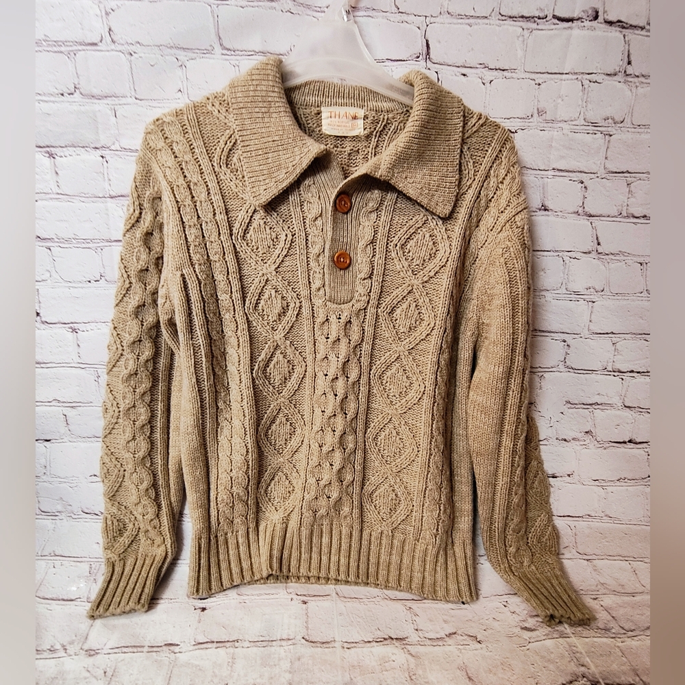 Vintage Thane Mens Fisherman Cable Knit Collared On Sweater M Beige Preppy